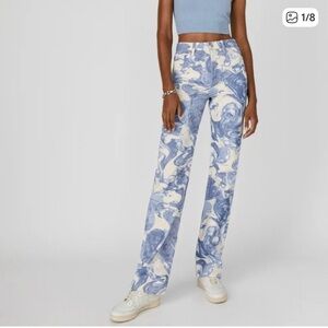 REFORMATION marble high rise straight jeans button fly size 28 blue and white